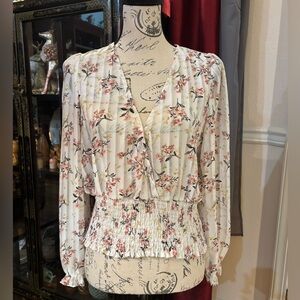 Mele E Pere Sheer Floral Long Sleeve Ruched Blouse